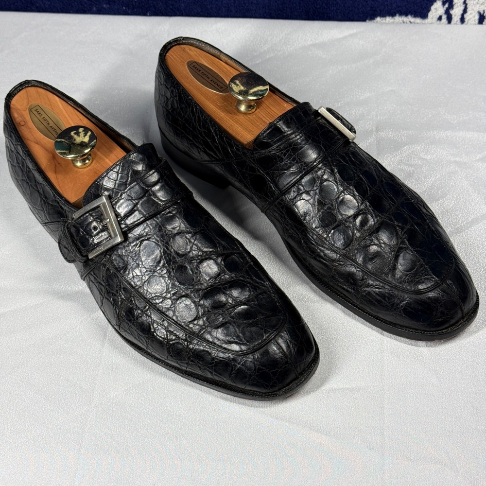 Salvatore Ferragamo Monk Strap Loafers Mens 10 EE Black Crocodile Leather Shoes